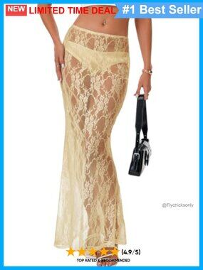 Women's Sheer Lace A-Line Maxi Skirt Flowy High Rise